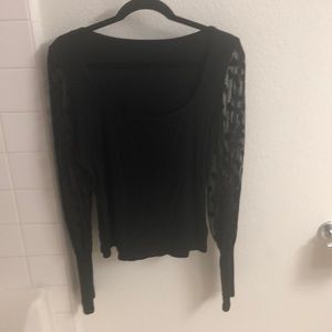 Black Ribbed Top w Sheer Polkadot Sleeves